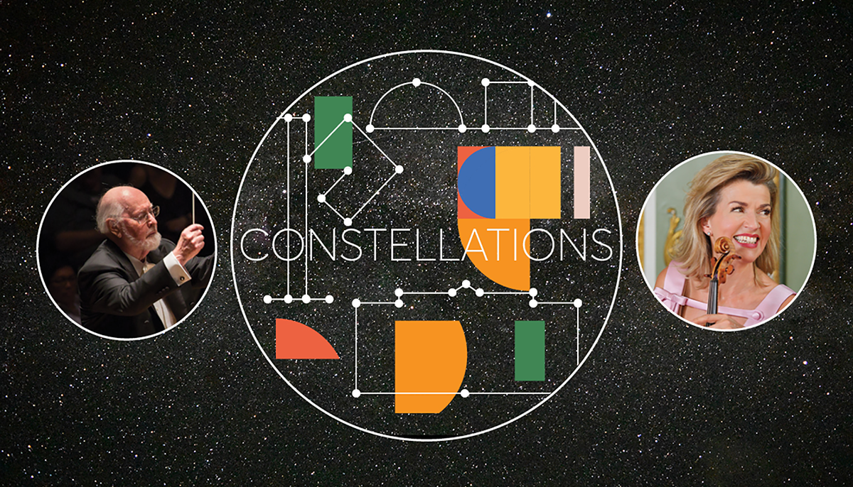Constellations graphic featuring images of John Williams and Anne-Sophie Mutter
