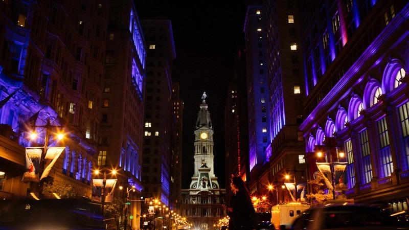 City Hall down Broad Street at night.