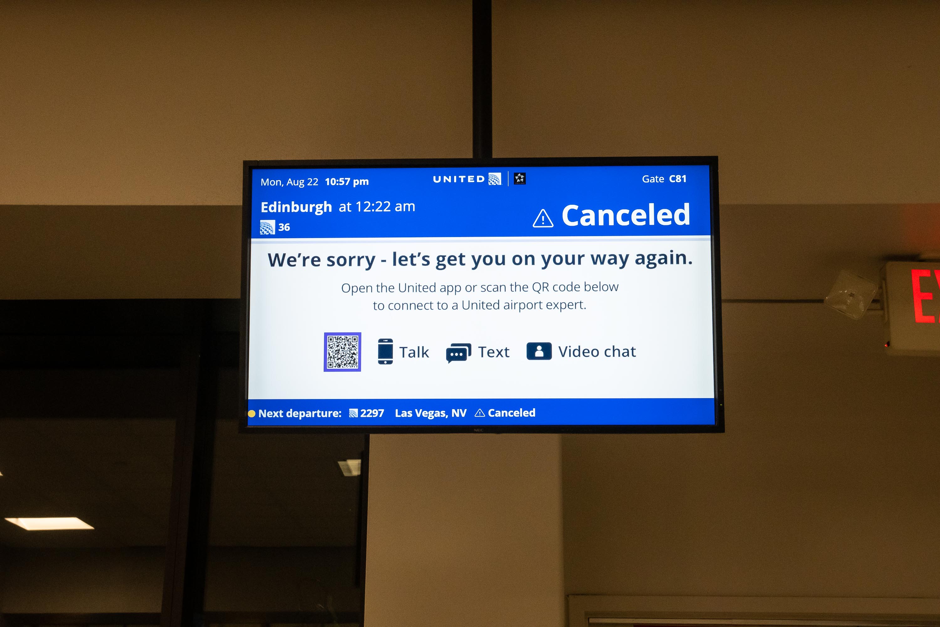 Notification of the cancelled flight at 12:22 AM