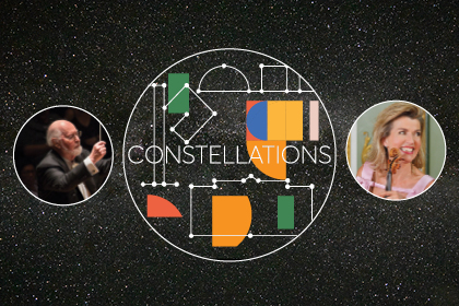 Constellations graphic featuring images of John Williams and Anne-Sophie Mutter