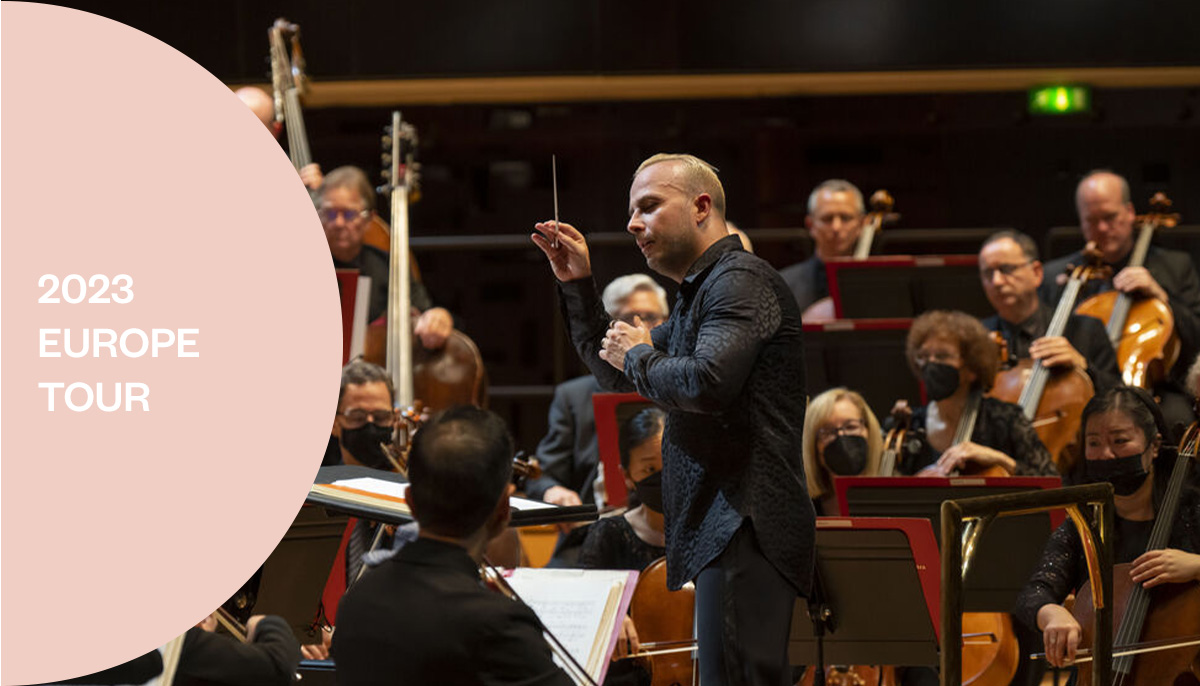 Conductor Yannick Nézet-Séguin conducting an orchestra with text overlay reading, "2023 Europe Tour".