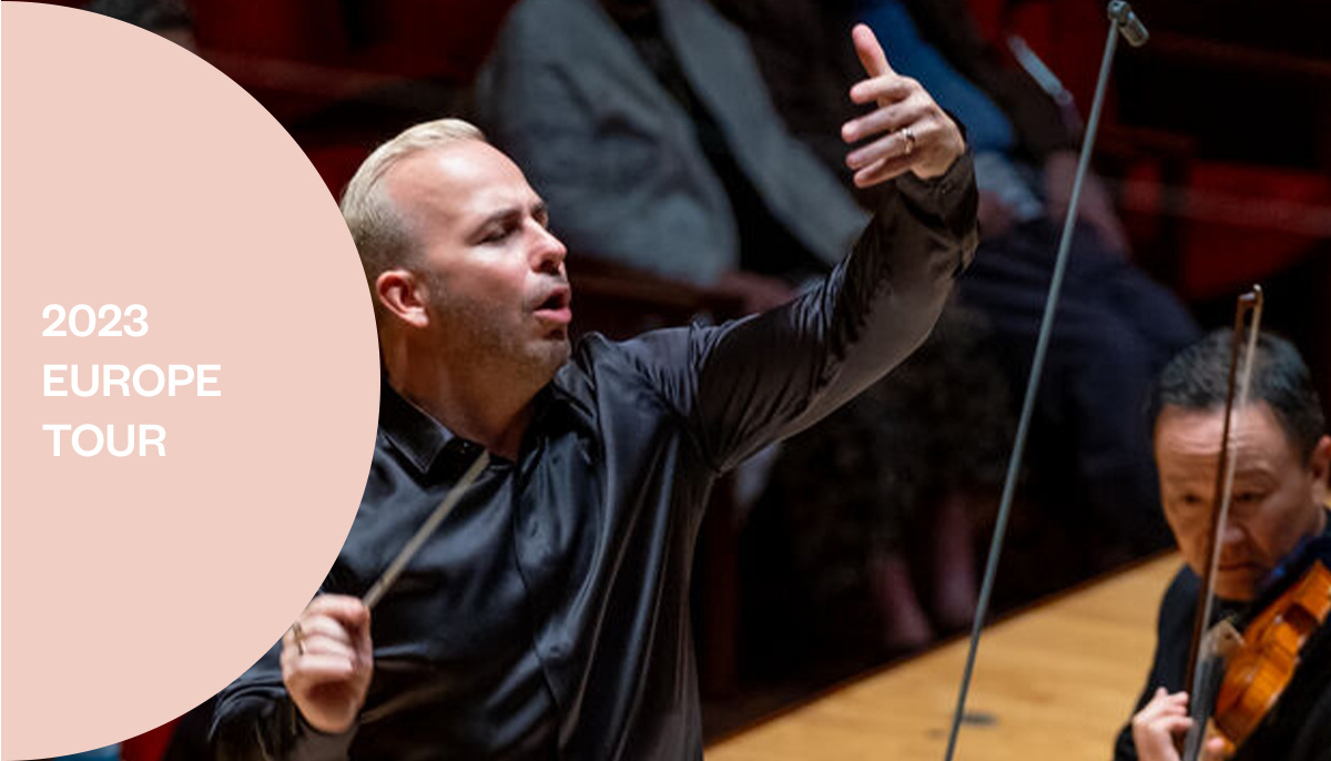 Conductor Yannick Nézet-Séguin conducting an orchestra with text overlay reading, "2023 Europe Tour".