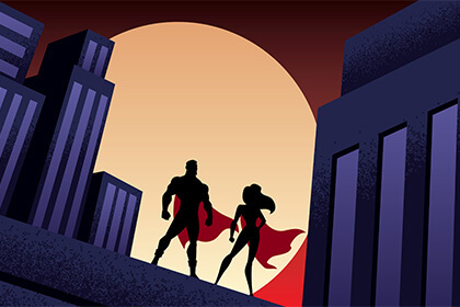 Digital graphic of two superheroes with capes standing on top of a building.