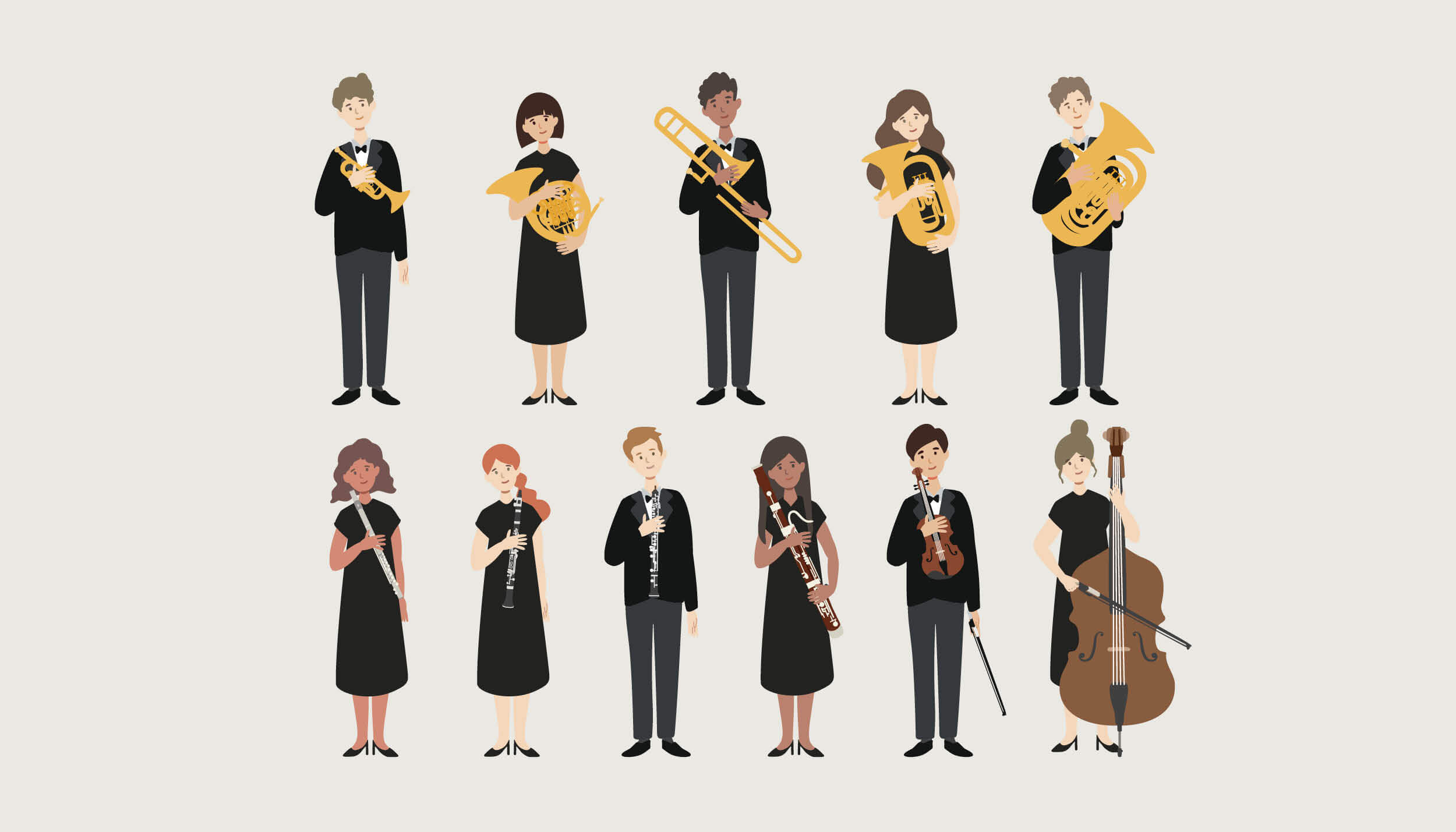 The Young Person’s Guide to the Orchestra key image of a group of cartoon musicians.
