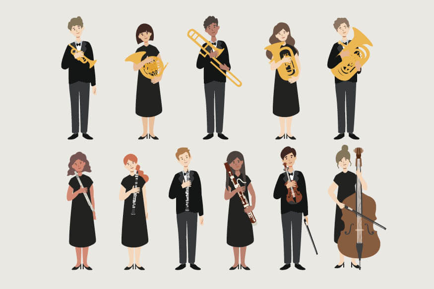 The Young Person’s Guide to the Orchestra key image of a group of cartoon musicians.